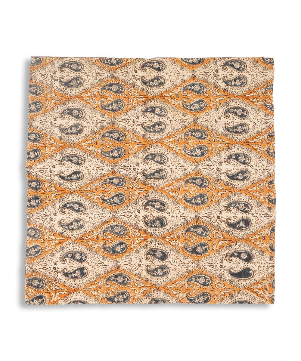 White yellow blue hand block print cotton kalamkari cushion cover