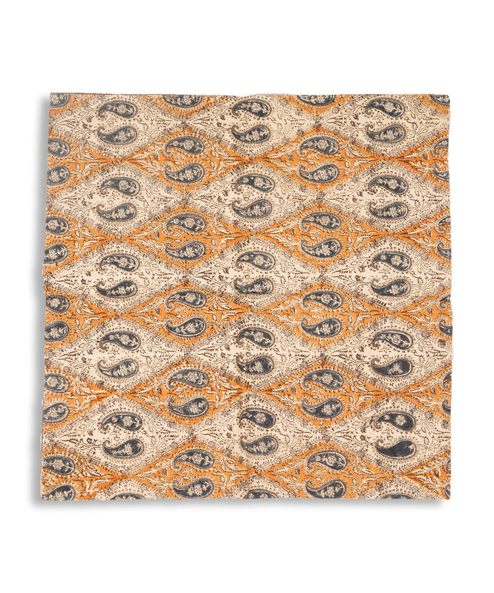 White yellow blue hand block print cotton kalamkari cushion cover
