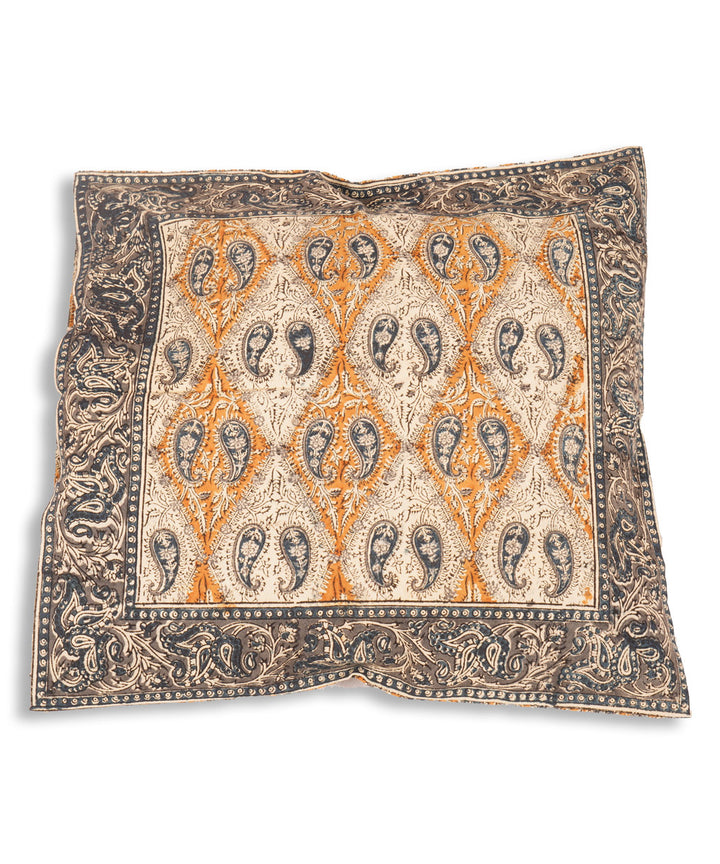 White yellow blue hand block print cotton kalamkari cushion cover