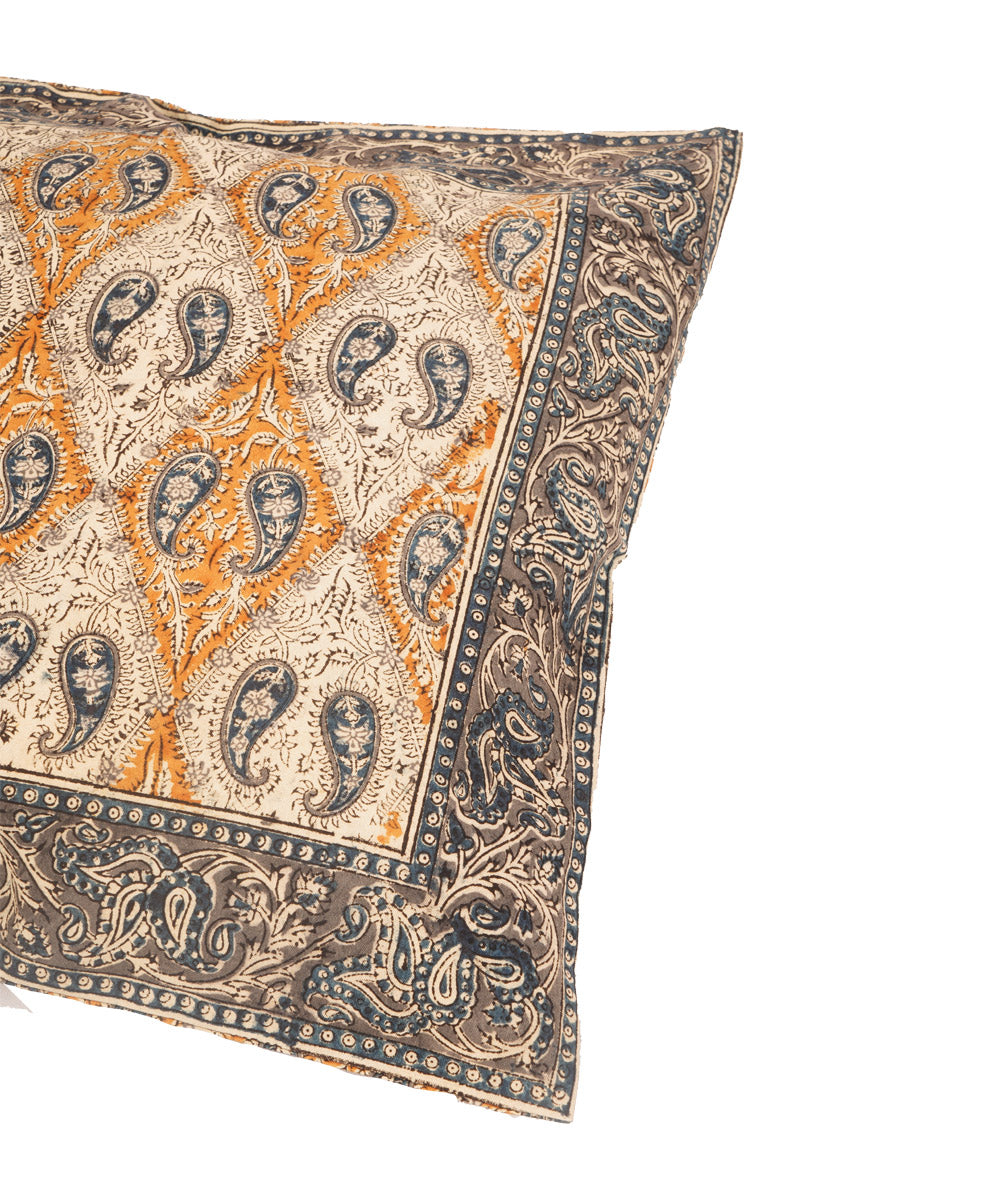 White yellow blue hand block print cotton kalamkari cushion cover