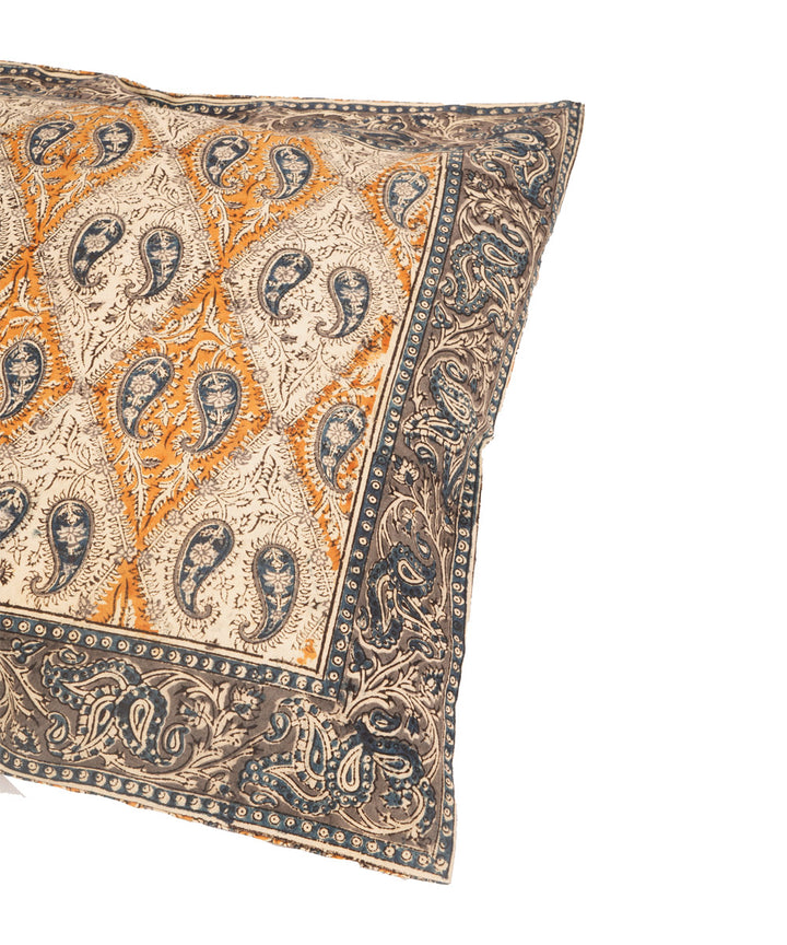 White yellow blue hand block print cotton kalamkari cushion cover