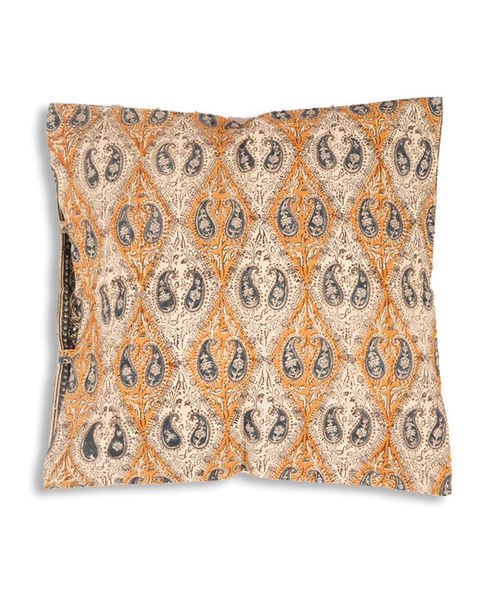 White yellow blue hand block print cotton kalamkari cushion cover