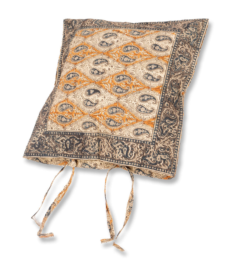 White yellow blue hand block print cotton kalamkari cushion cover