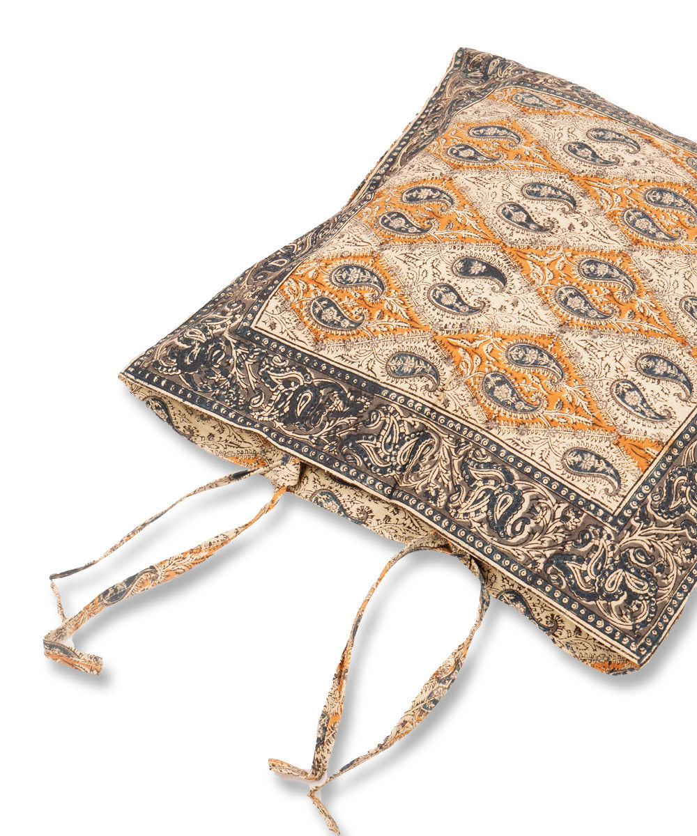 White yellow blue hand block print cotton kalamkari cushion cover