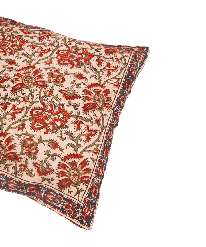 White maroon cotton hand block print kalamkari cushion cover