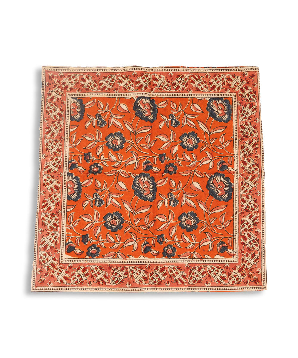 Carrot orange cotton hand block print kalamkari cushion cover