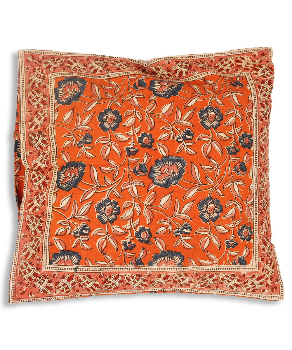 Carrot orange cotton hand block print kalamkari cushion cover
