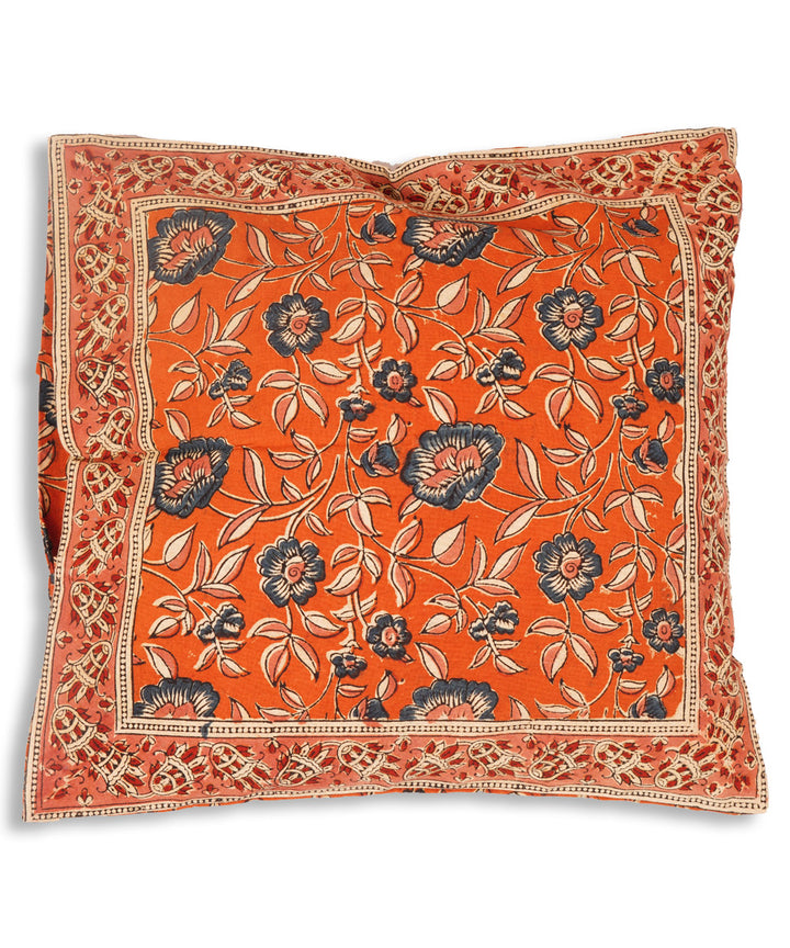 Carrot orange cotton hand block print kalamkari cushion cover