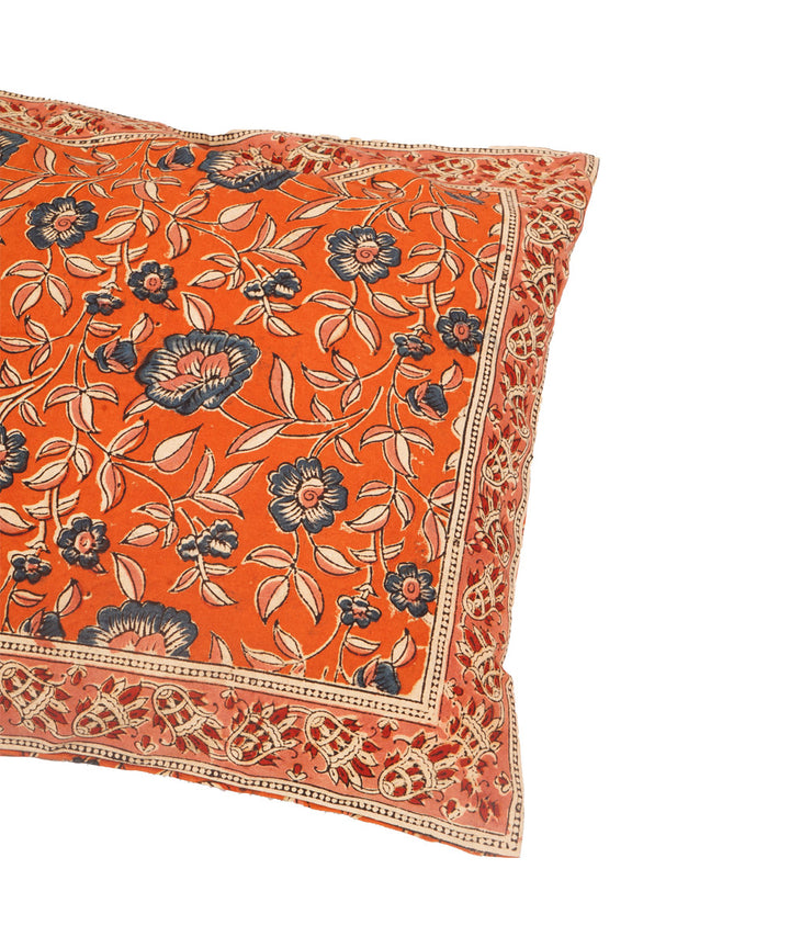 Carrot orange cotton hand block print kalamkari cushion cover