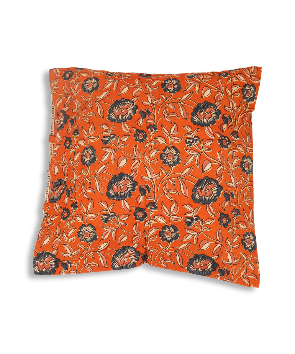 Carrot orange cotton hand block print kalamkari cushion cover