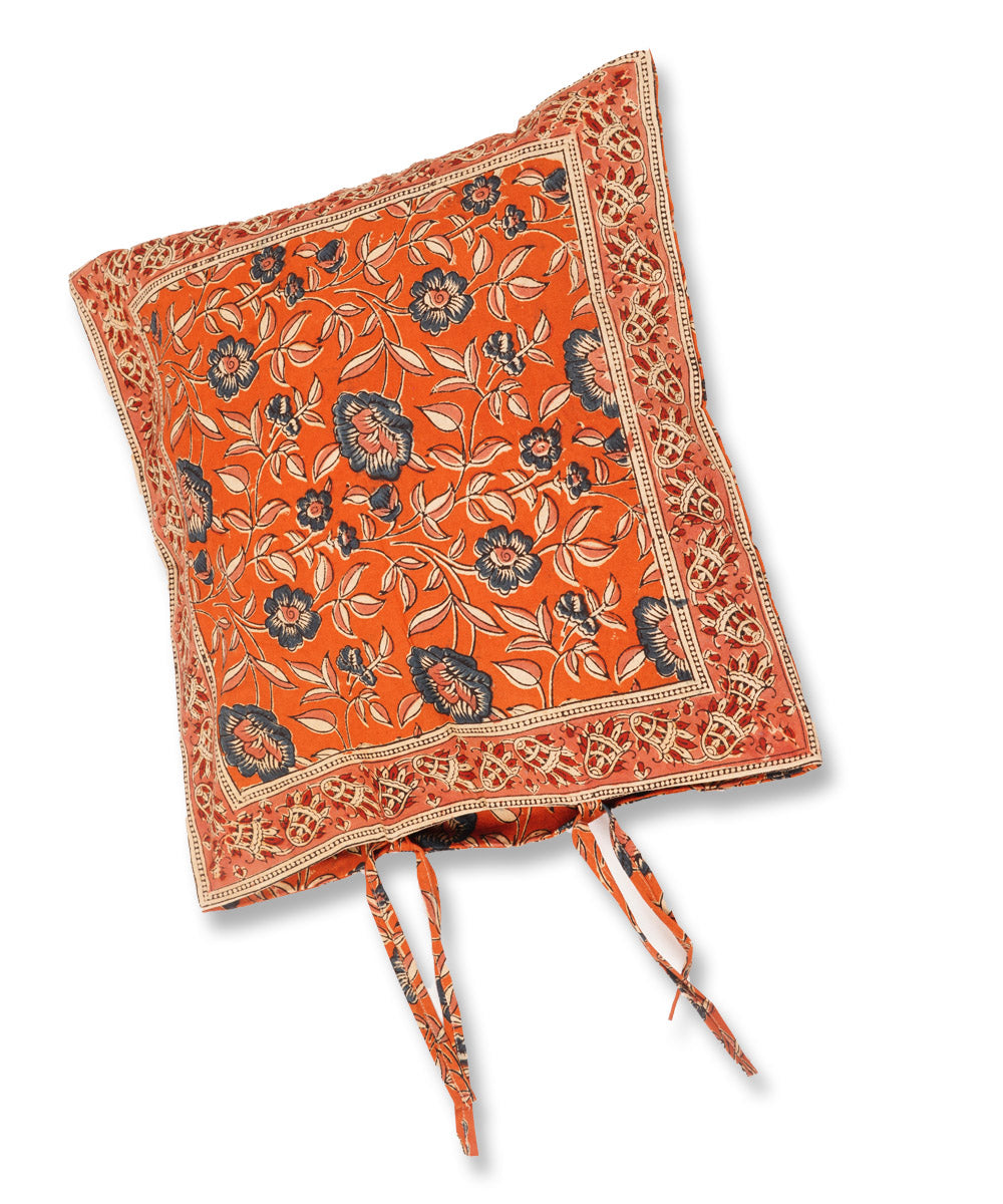 Carrot orange cotton hand block print kalamkari cushion cover