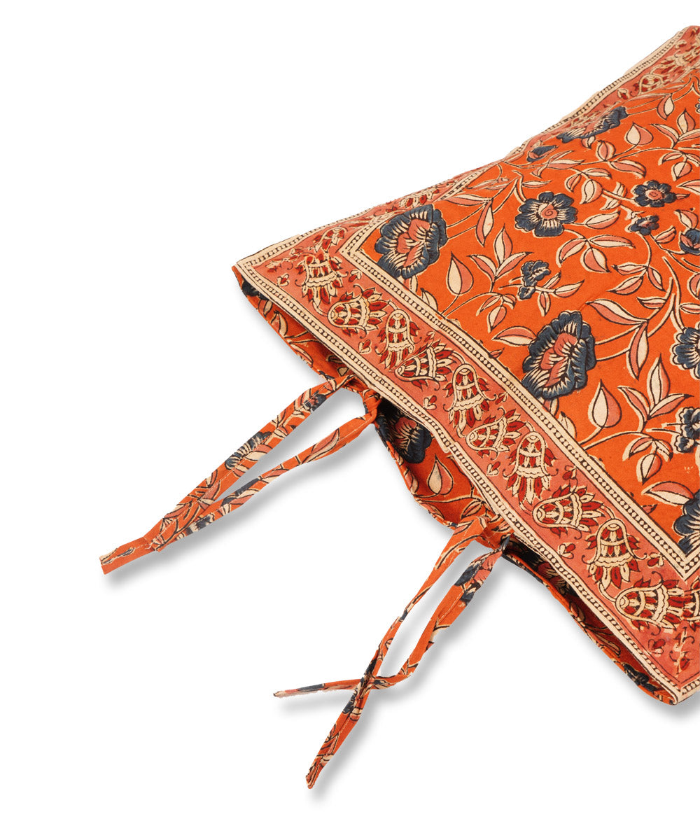 Carrot orange cotton hand block print kalamkari cushion cover
