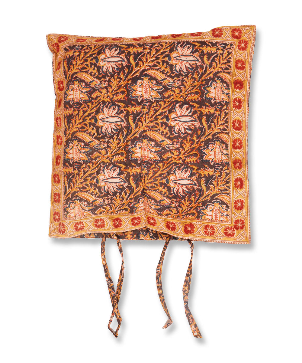 Brown multicolor cotton hand block print kalamkari cushion cover