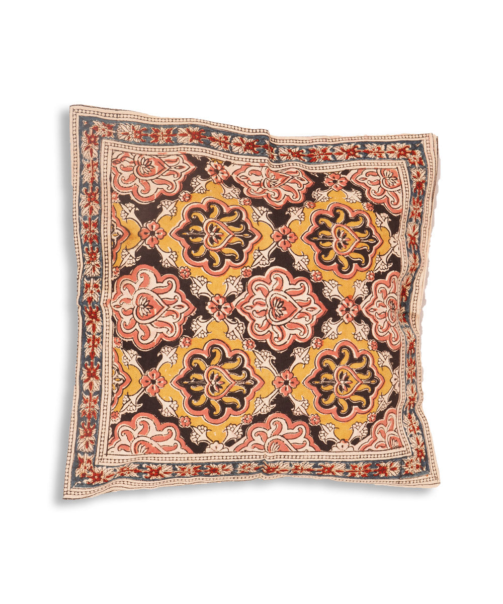 Multi color hand block printed cotton kalamkari cushion cover