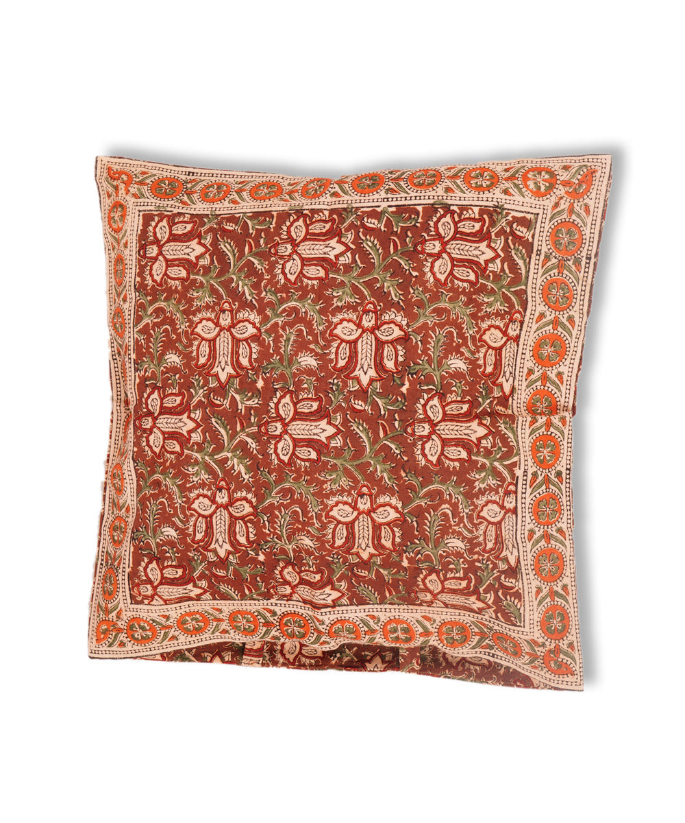 Dark maroon hand block printed kalamkari cotton cushion cover