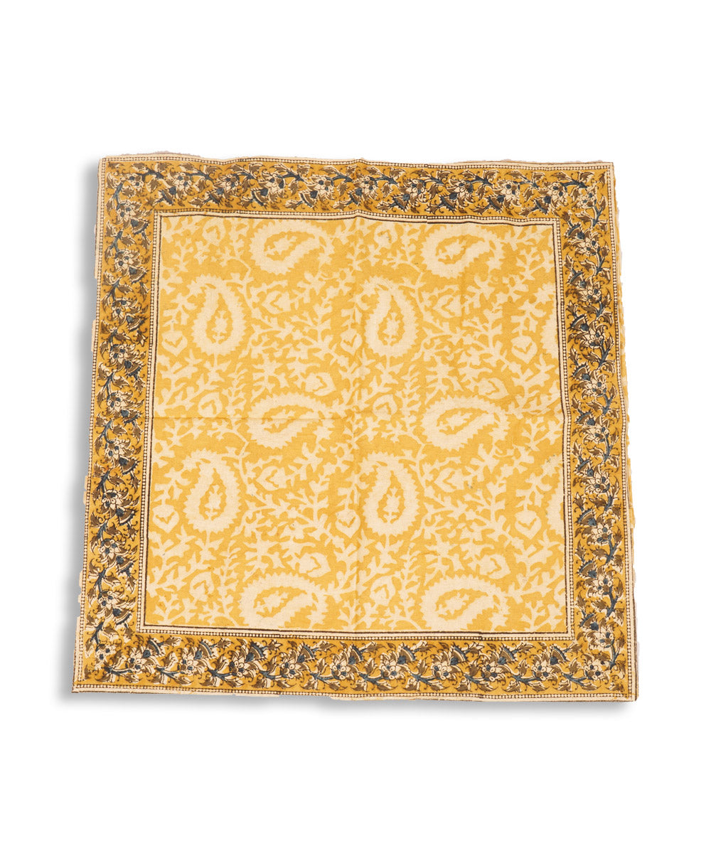 Yellow hand block printed cotton kalamkari cushion cover