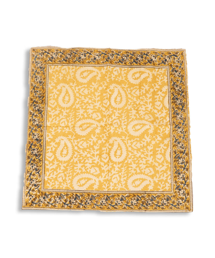 Yellow hand block printed cotton kalamkari cushion cover