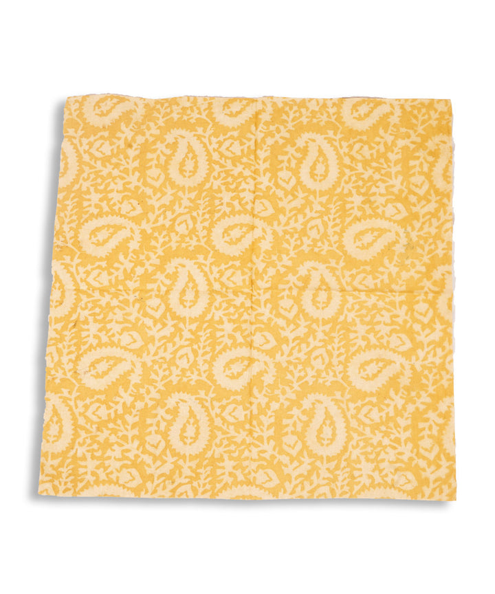 Yellow hand block printed cotton kalamkari cushion cover