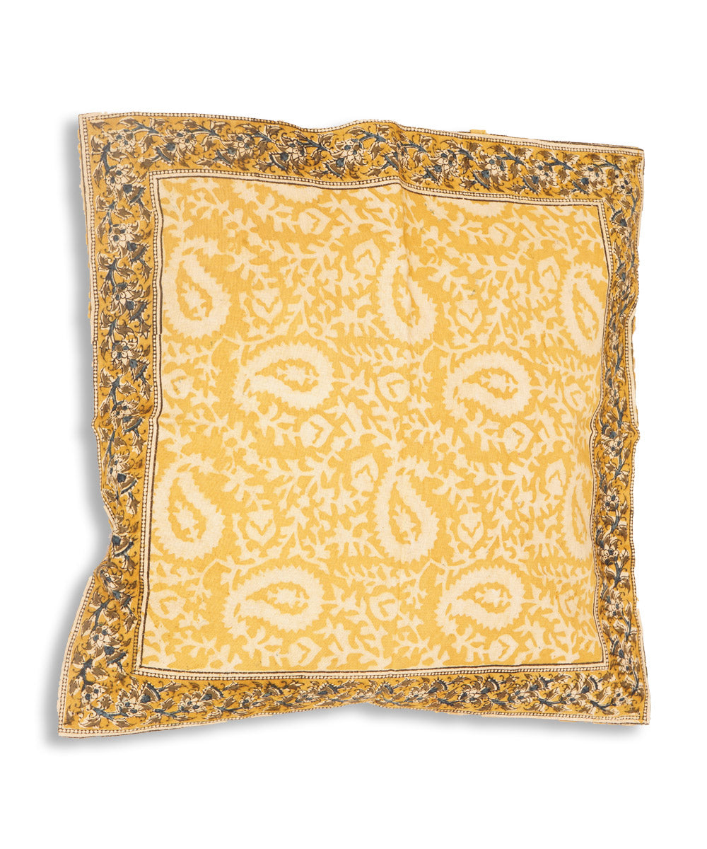 Yellow hand block printed cotton kalamkari cushion cover