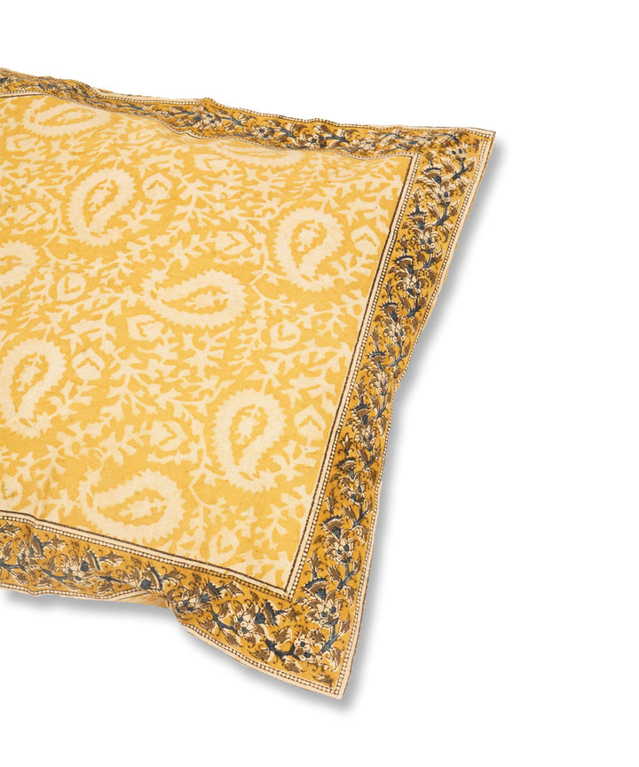 Yellow hand block printed cotton kalamkari cushion cover