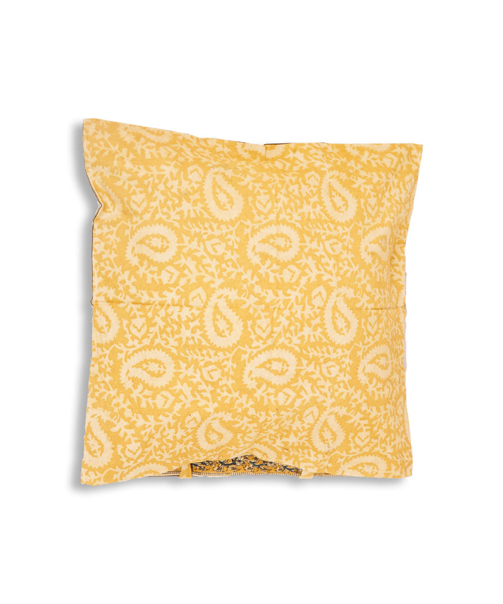 Yellow hand block printed cotton kalamkari cushion cover