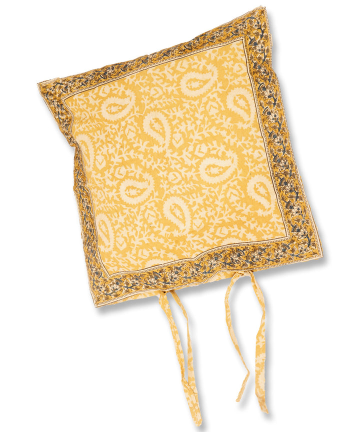Yellow hand block printed cotton kalamkari cushion cover