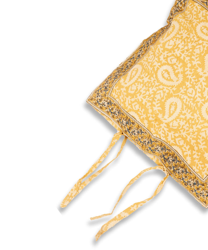 Yellow hand block printed cotton kalamkari cushion cover
