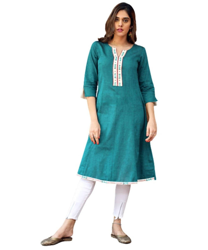 Teal blue A line mangalagiri cotton kurti with banjara embroidery