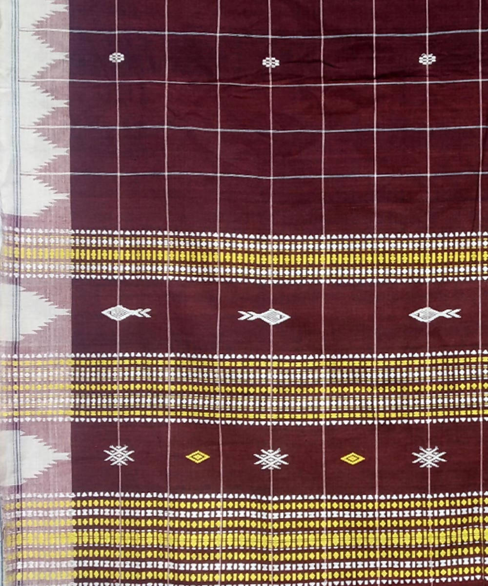 Maroon yellow checks handwoven coarse cotton kotpad saree