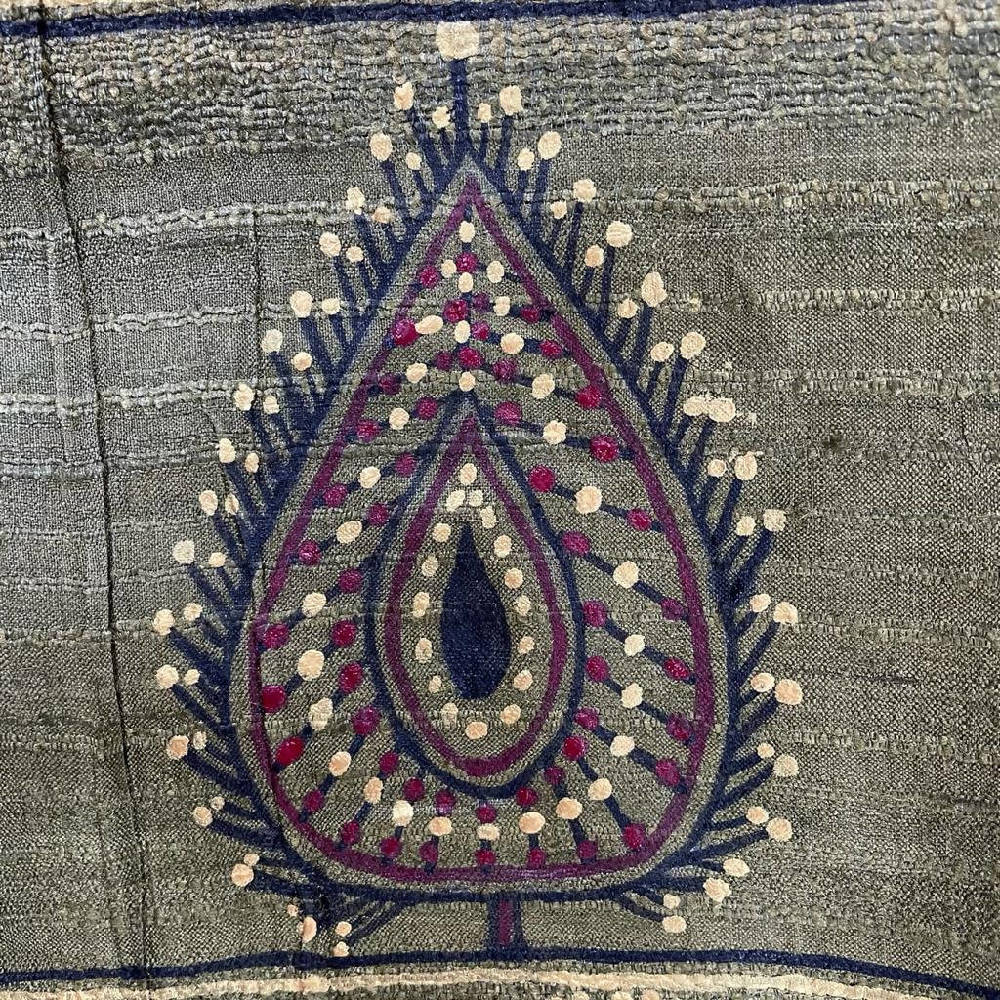 Olive green handpainted godana art bichia motif handwoven tussar silk stole