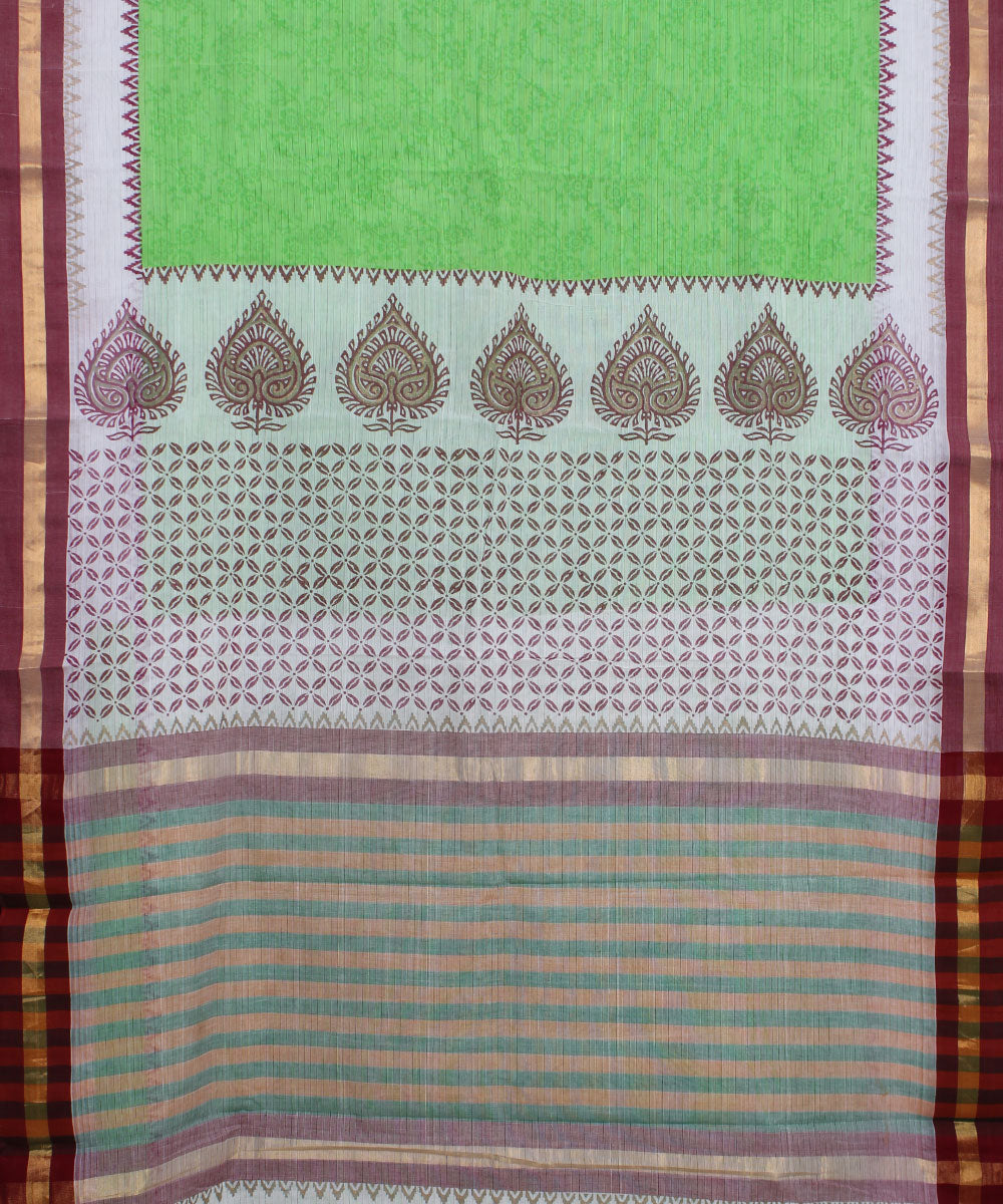 Handloom Hand Printed Green Cotton Saree