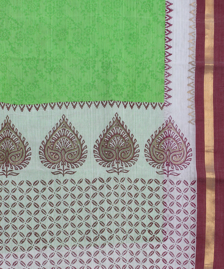 Handloom Hand Printed Green Cotton Saree