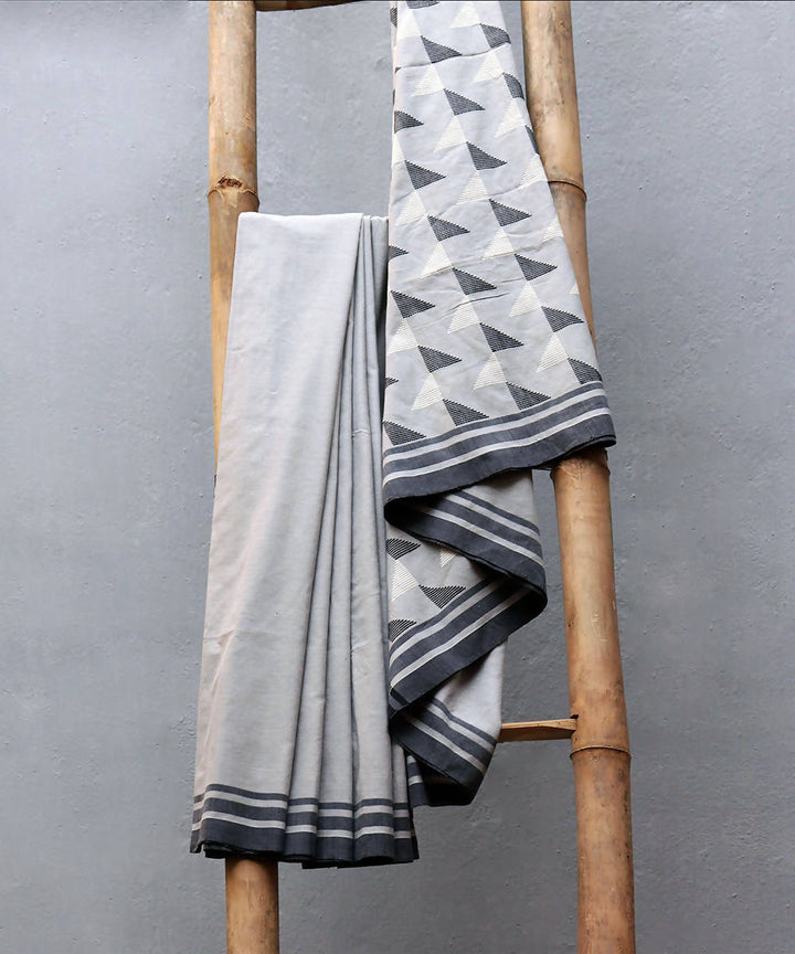 Grey black handwoven extra weft cotton saree