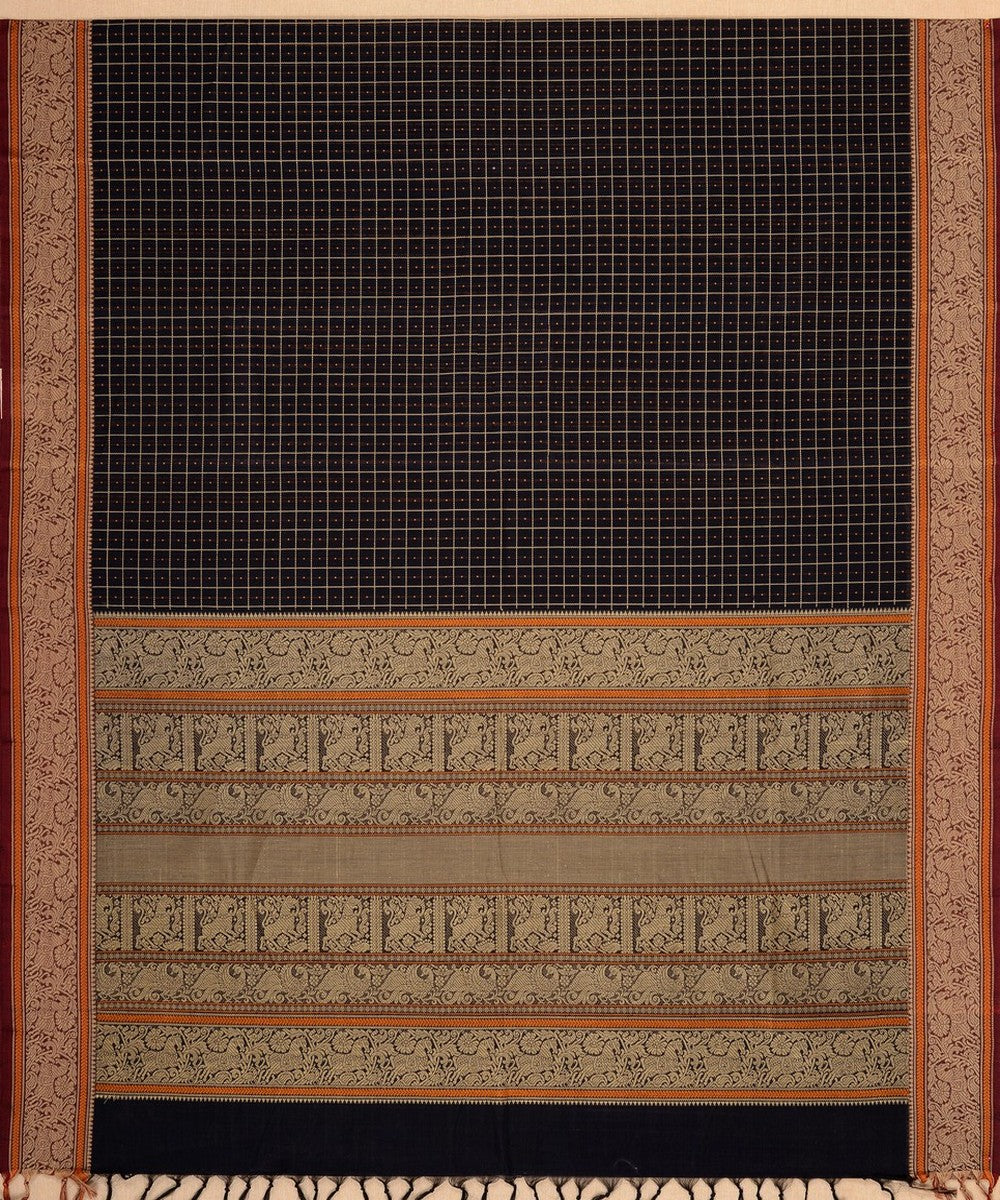 Black beige handwoven cotton kanchi saree