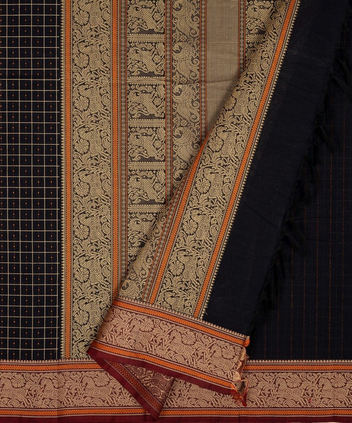 Black beige handwoven cotton kanchi saree