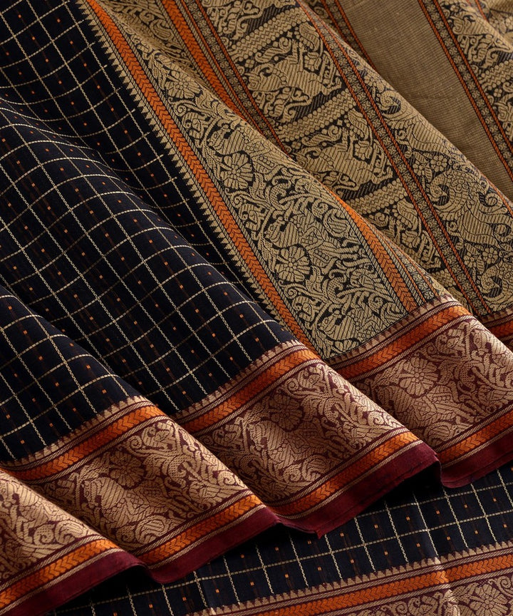 Black beige handwoven cotton kanchi saree