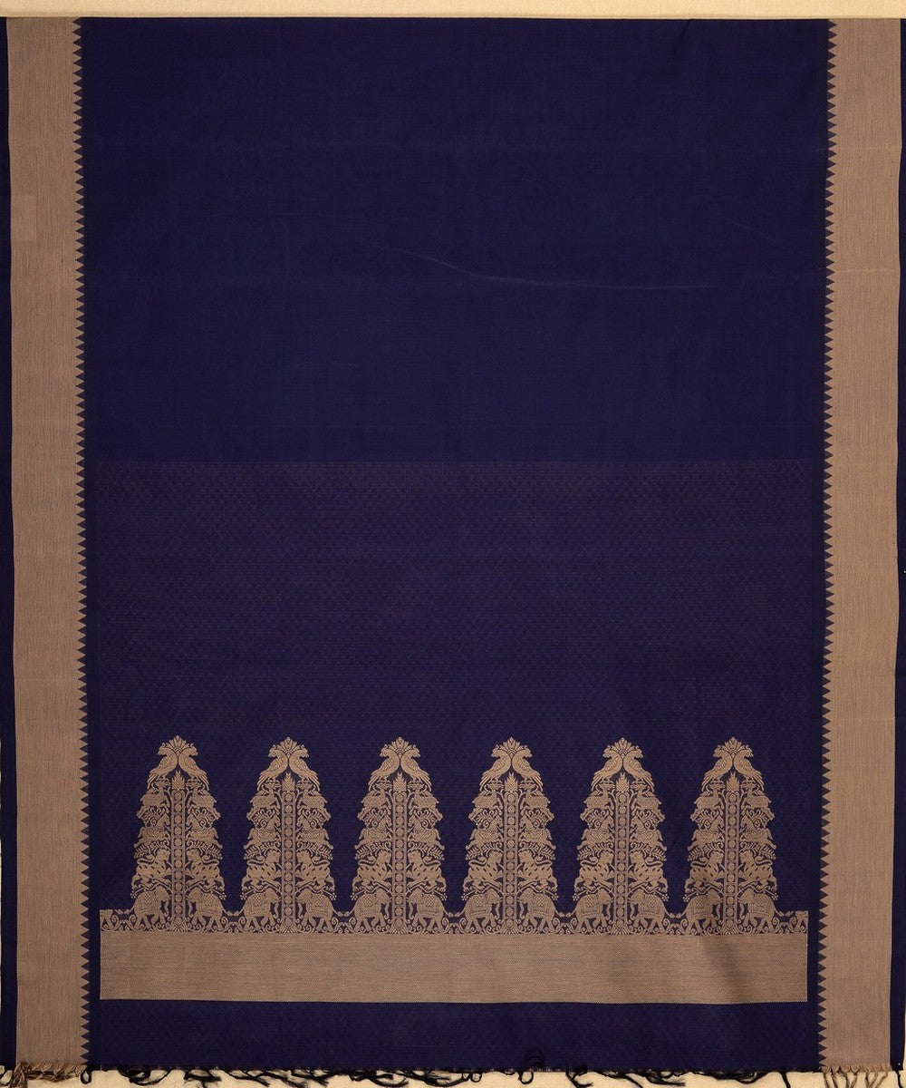 Navy blue beige handwoven cotton kanchi saree