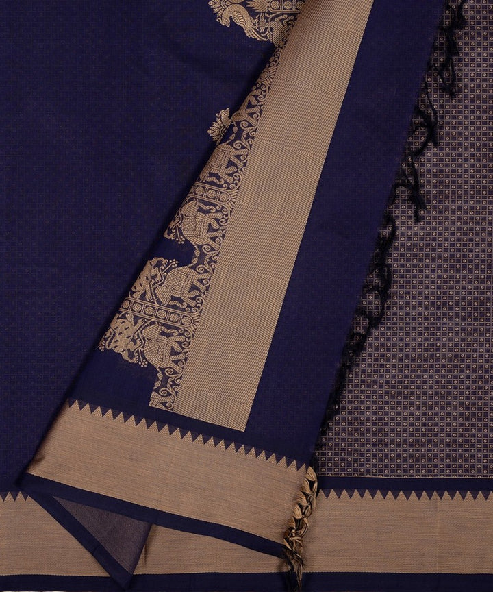 Navy blue beige handwoven cotton kanchi saree