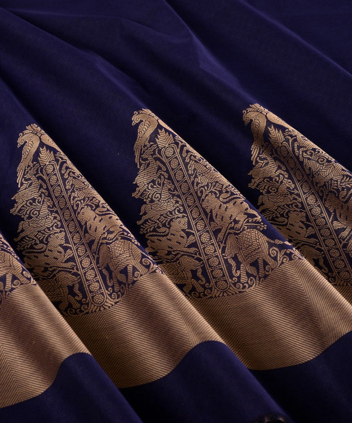 Navy blue beige handwoven cotton kanchi saree