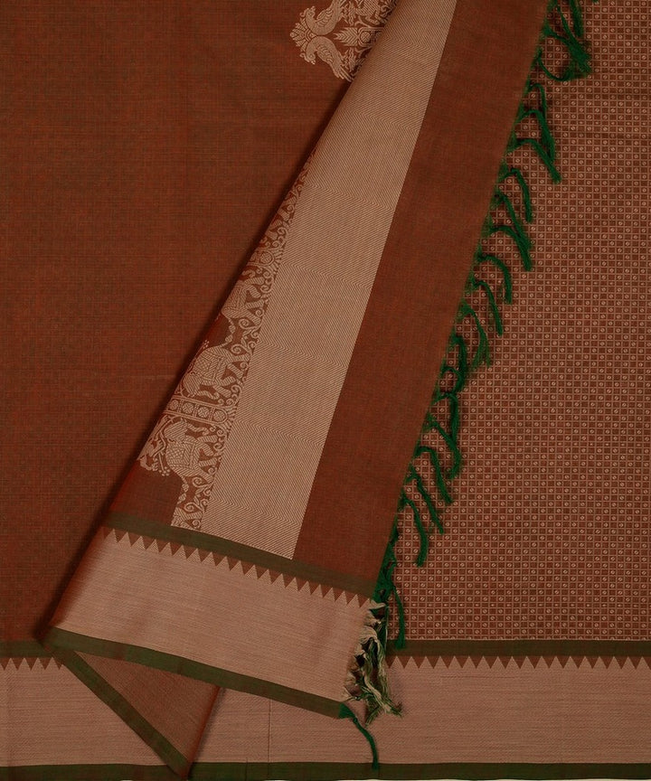 Brown manthuzhir handwoven cotton kanchi saree