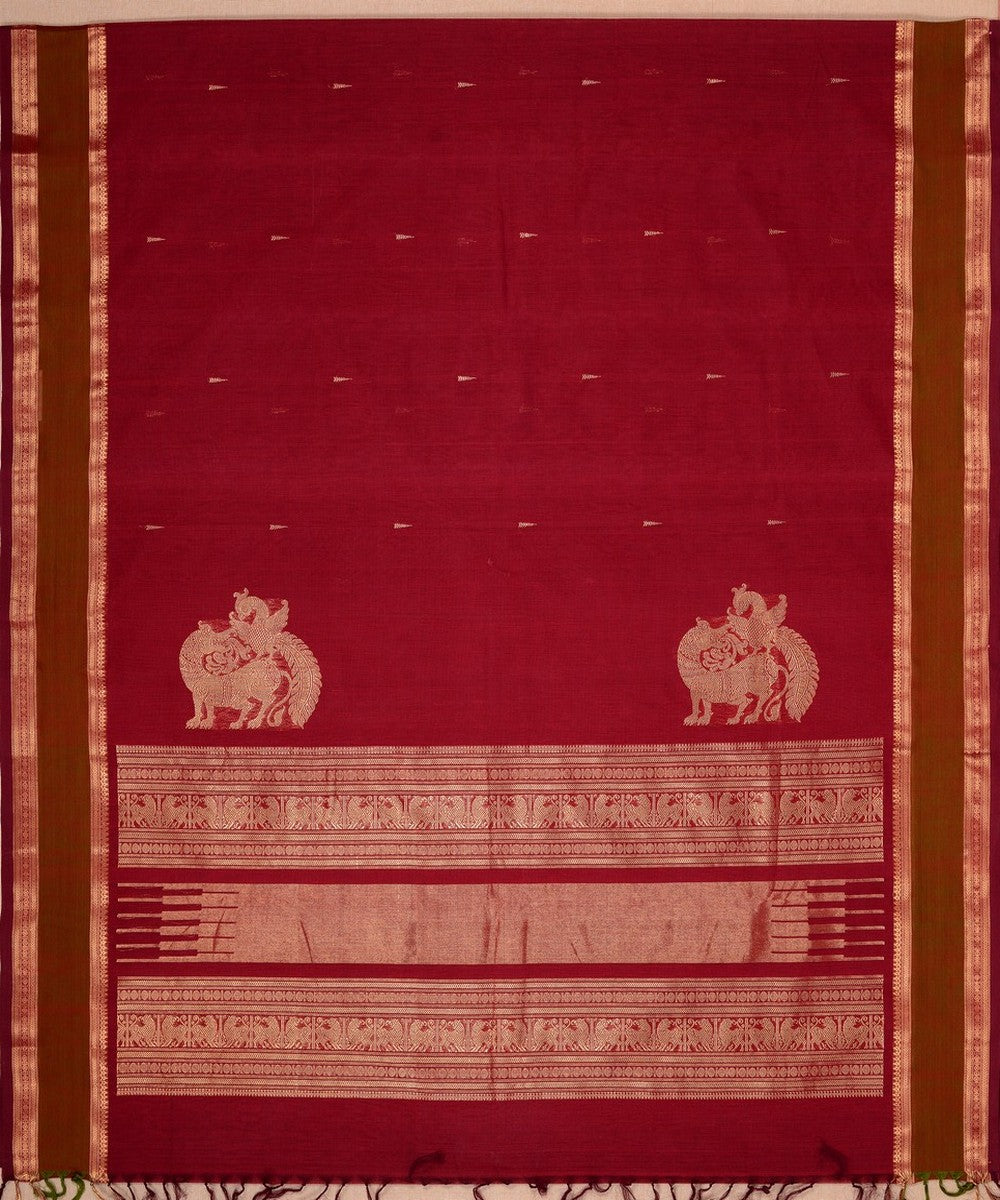 Maroon corner motif handwoven cotton kanchi saree