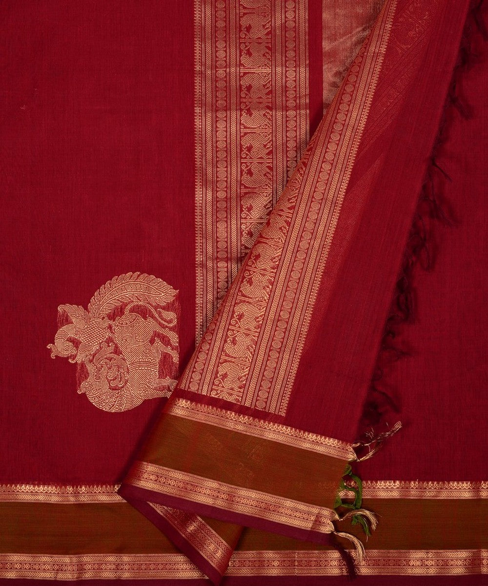Maroon corner motif handwoven cotton kanchi saree