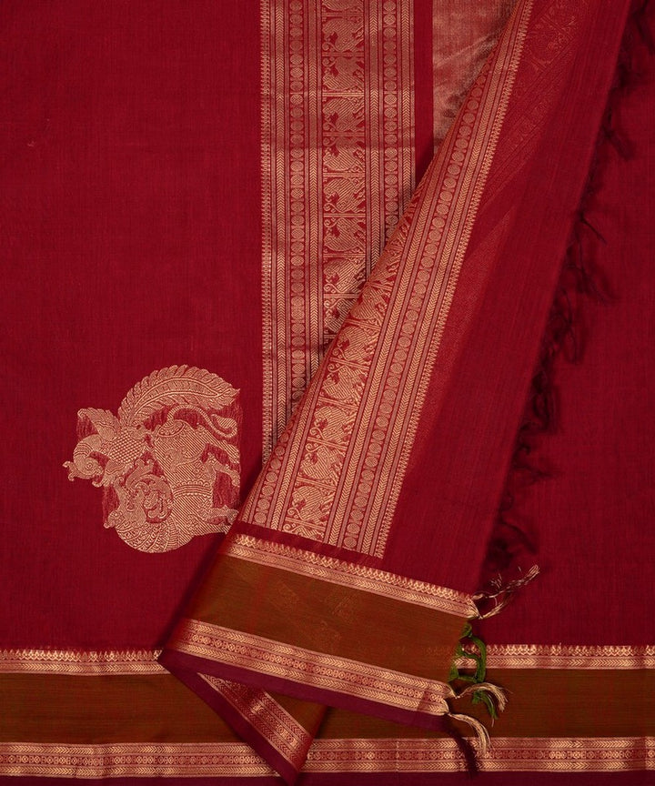 Maroon corner motif handwoven cotton kanchi saree