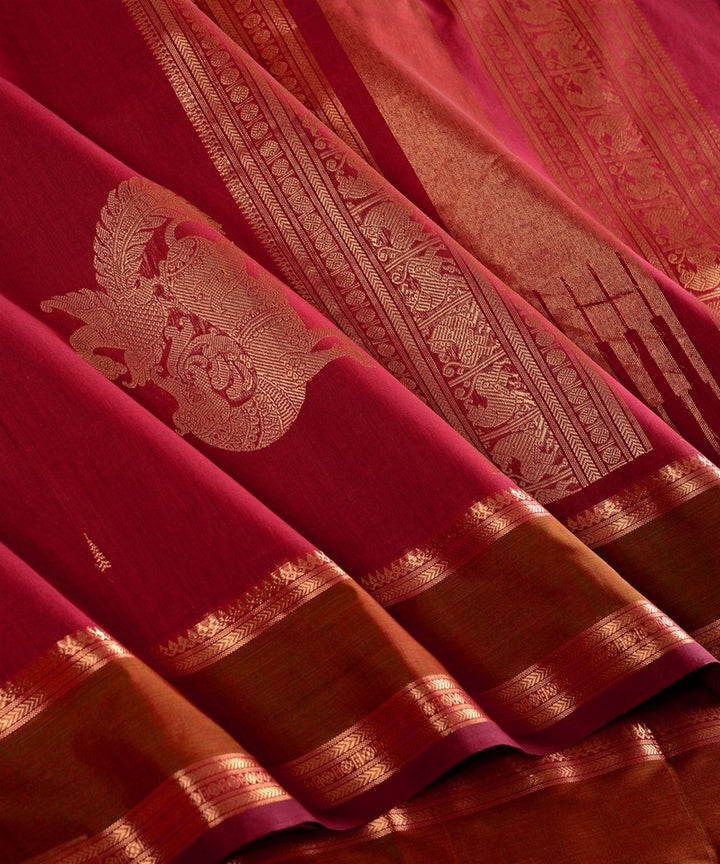 Maroon corner motif handwoven cotton kanchi saree