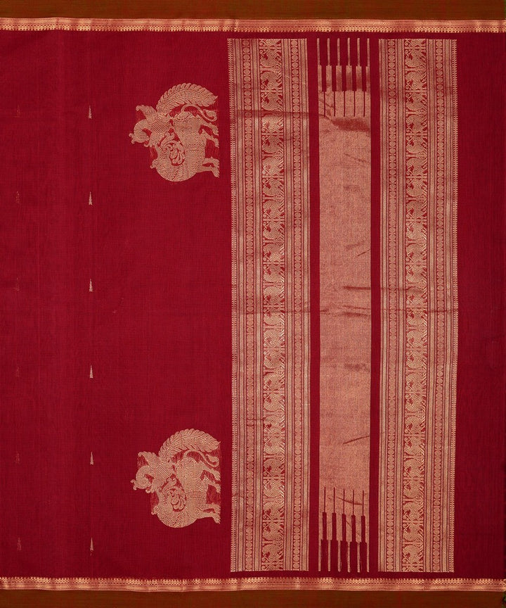 Maroon corner motif handwoven cotton kanchi saree