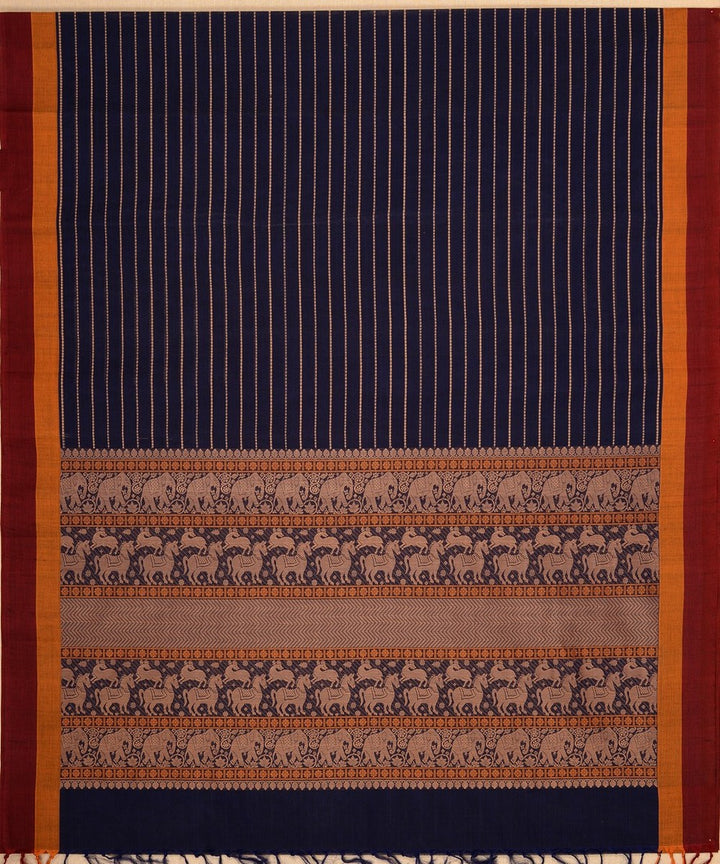 Navy blue mustard handwoven cotton kanchi saree