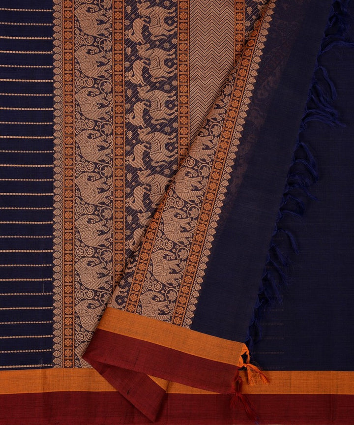Navy blue mustard handwoven cotton kanchi saree