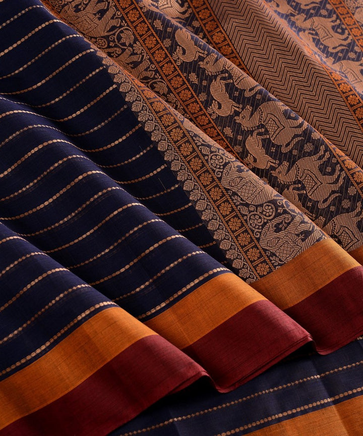 Navy blue mustard handwoven cotton kanchi saree