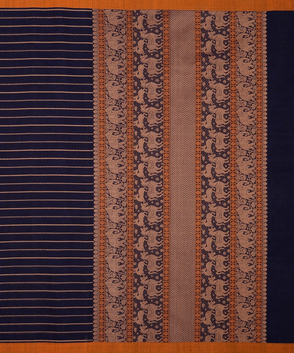 Navy blue mustard handwoven cotton kanchi saree