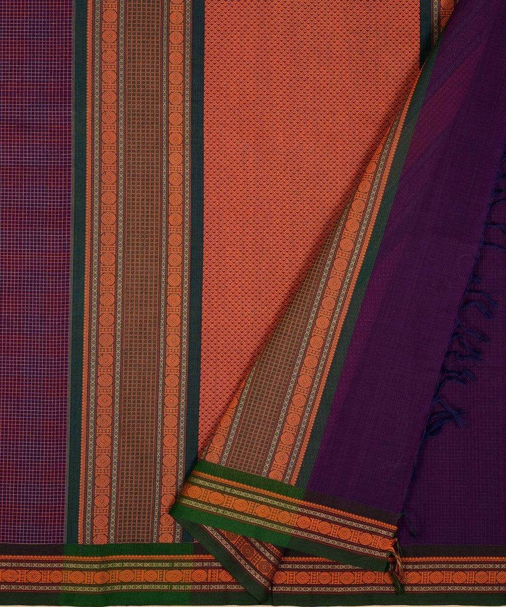 Purple checks handwoven cotton kanchi saree